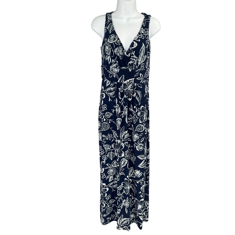 Chaps Navy Floral Print Sleeveless V‎ Neck Babydoll Maxi Dress Women's Size S